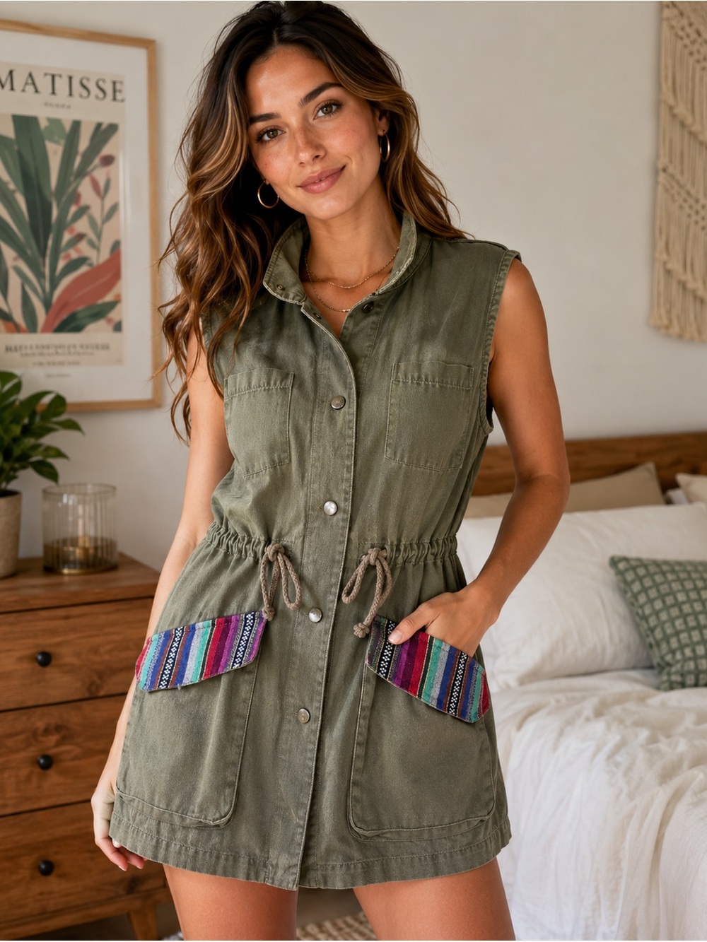 Harper Olive Utility Drawstring Mini Dress/ Long Vest w/Colorful Pocket Accents